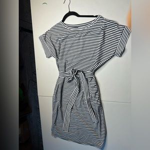 Black and White Stripped Dress with Adjustable Waist Belt/Tie